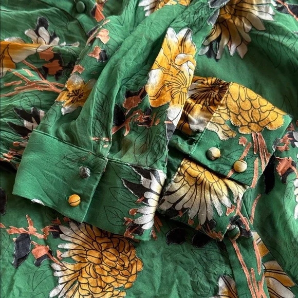 Alice + Olivia Eloise Green Floral Silk Burnout Roll Cuff Blouse Women’s Small - Picture 12 of 14